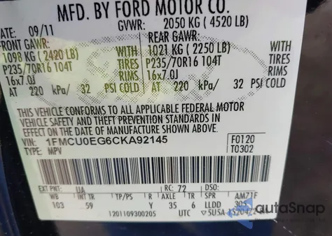 2012 Ford Escape Limited z USA, uszkodzony, nr VIN 1FMCU0EG6CKA92145